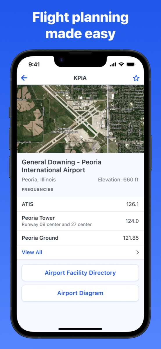 PilotPal airport detail screen showing map, elevation, and frequencies for KPIA