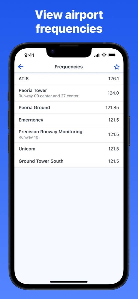PilotPal full frequencies list showing ATIS, tower, ground, and emergency frequencies