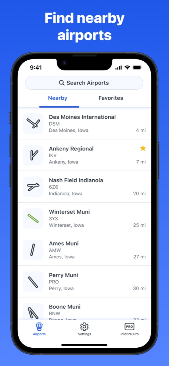 PilotPal nearby airports list sorted by distance