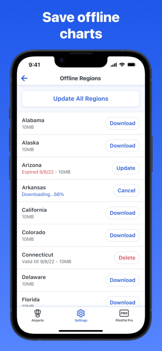 PilotPal offline charts download screen showing regions by state