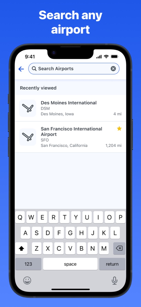 PilotPal airport search screen with recently viewed airports