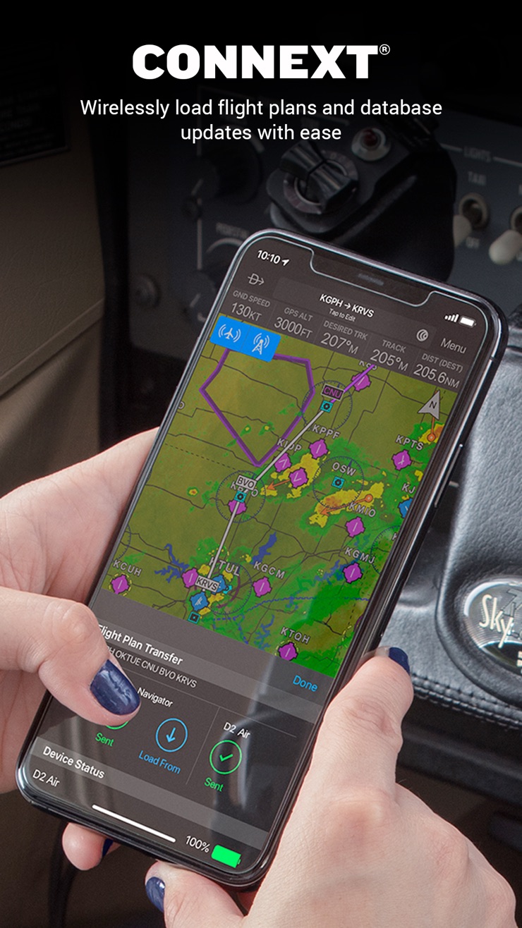 Garmin Pilot flight plan on the map with weather radar overlaid