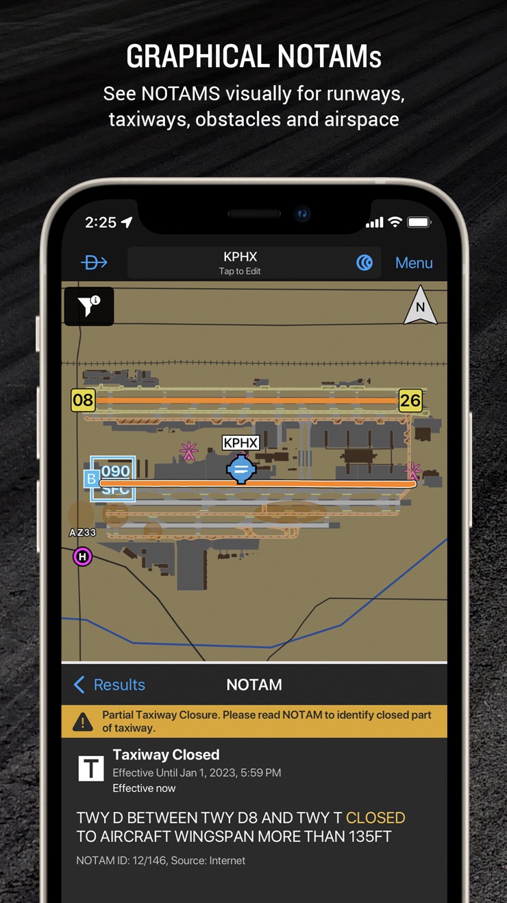 Garmin Pilot graphical NOTAMs shown on an airport diagram