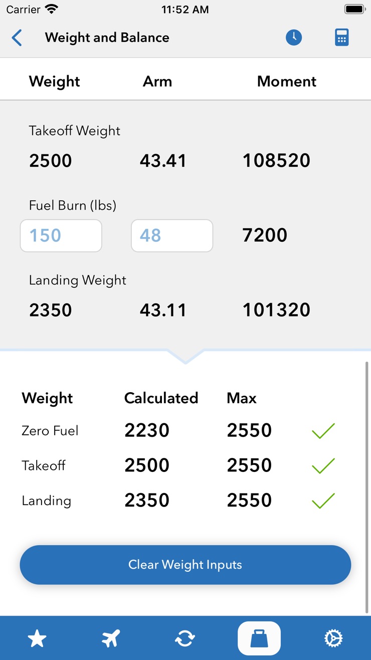 Sporty's E6B weight and balance table with weight, arm, and moment