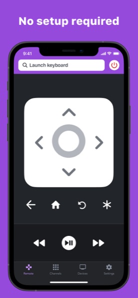 RoByte Roku remote screen on iPhone with directional pad, playback, and volume controls