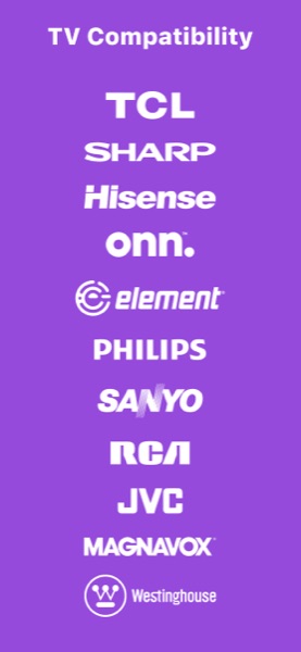 RoByte TV compatibility list: TCL, Sharp, Hisense, onn, Element, Philips, Sanyo, RCA, JVC, Magnavox, and Westinghouse Roku TVs