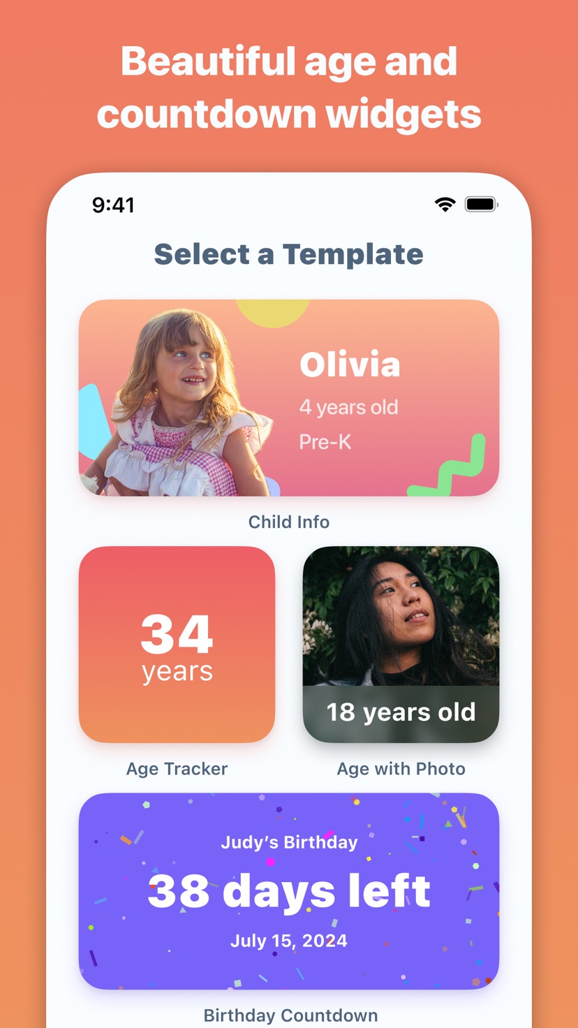 Kidgets iPhone app showing age and countdown widget templates