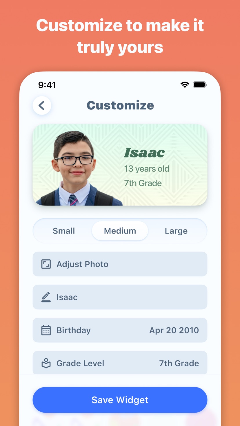 Kidgets customize screen with widget size options