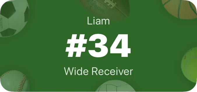 Kidgets sports widget showing a player's name, jersey number 34, and position