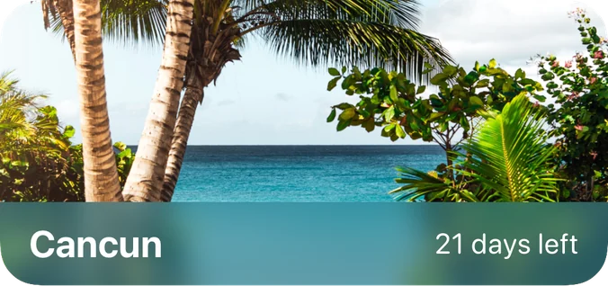 Kidgets vacation countdown widget with a beach photo showing 21 days left until Cancun