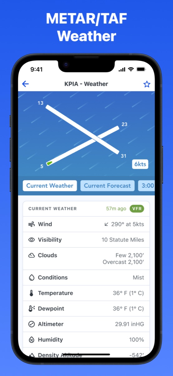 PilotPal parsed METAR and TAF weather with density altitude