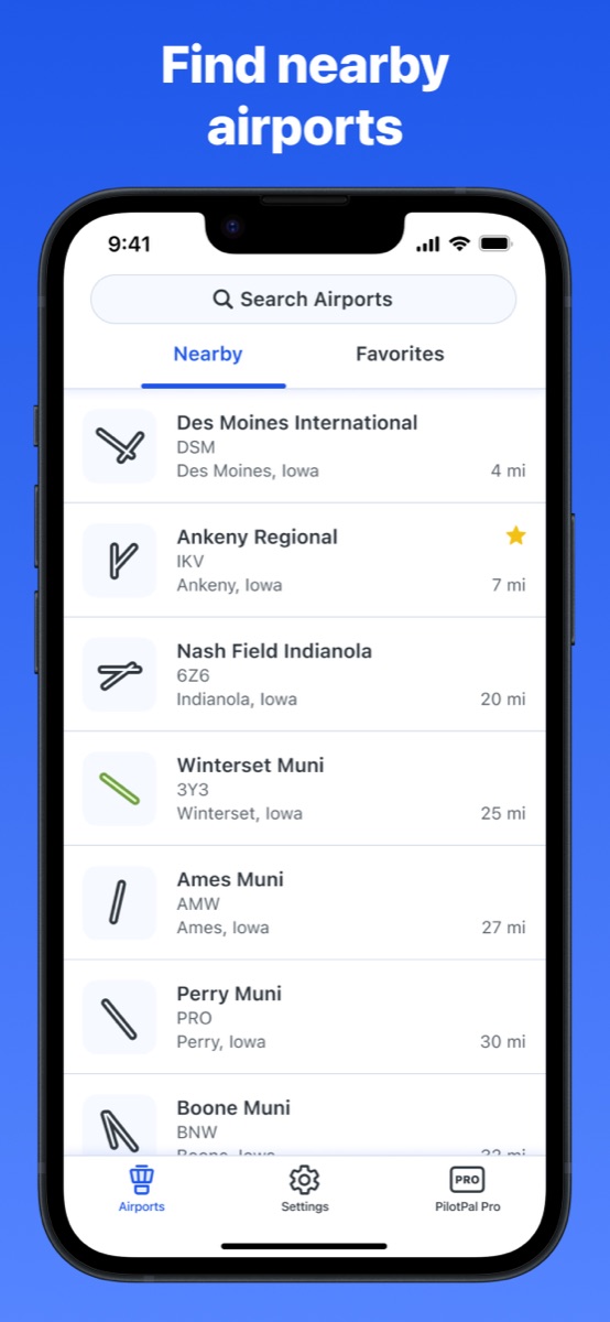 PilotPal nearby airports search showing closest fields by distance